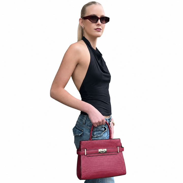 WS Alexandra Cowhide Croc Tote Bag - Burgundy - Image 2