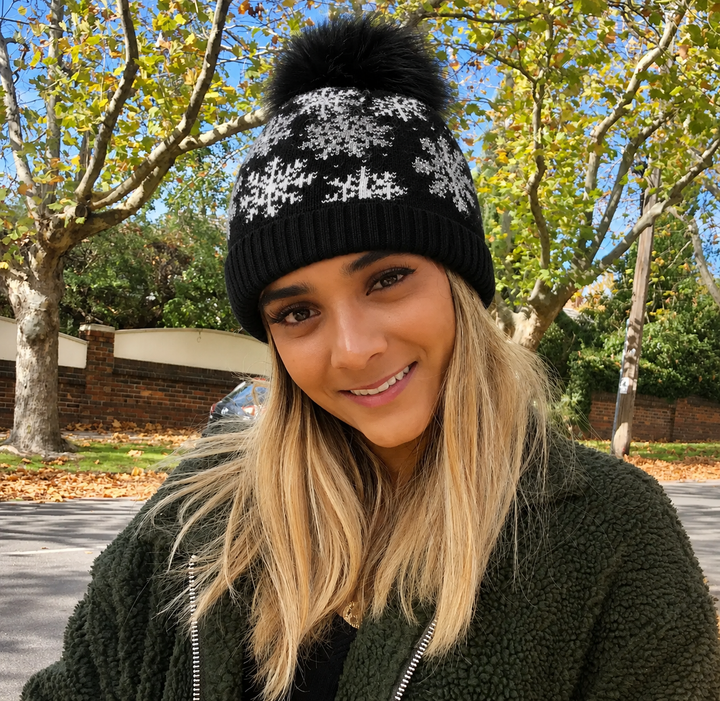 WS Angora Blend Snow Beanie with Luxe Pom Pom - Black & Black Luxe Pom Pom - Image 1