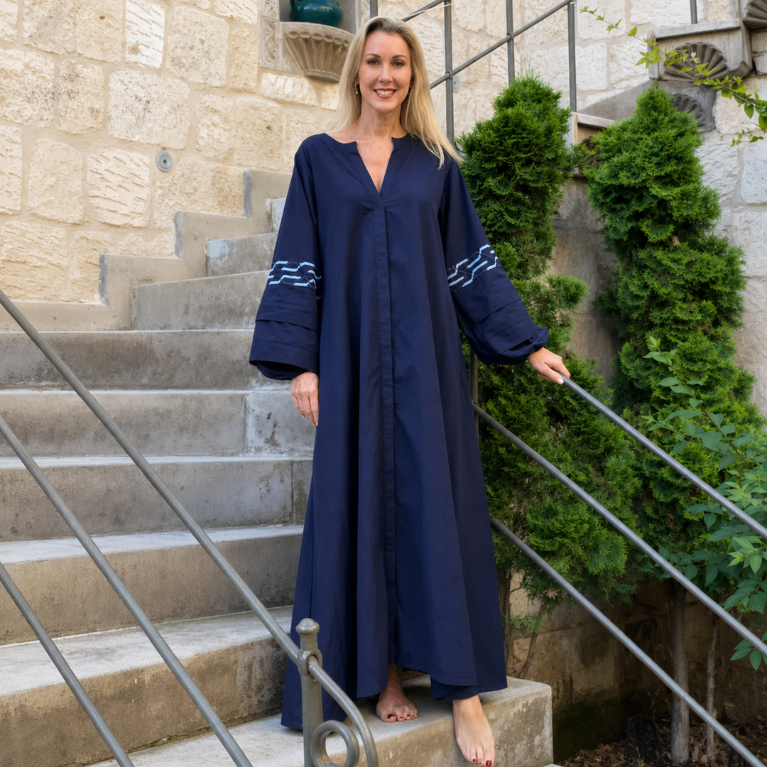 WS - Aphrodite Linen embroidered Navy Dress - Navy & Gold - Image 2