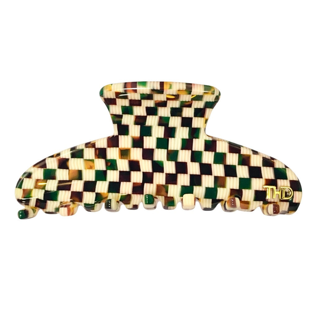 Classic Large Acetate Hair Claw Gold/Green/Beige Check Tania Hird Designs