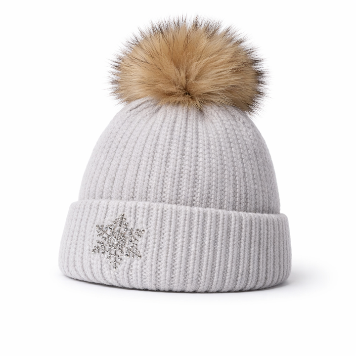 Beanie - 70 % Angora with PomPom & Snowflake in Grey