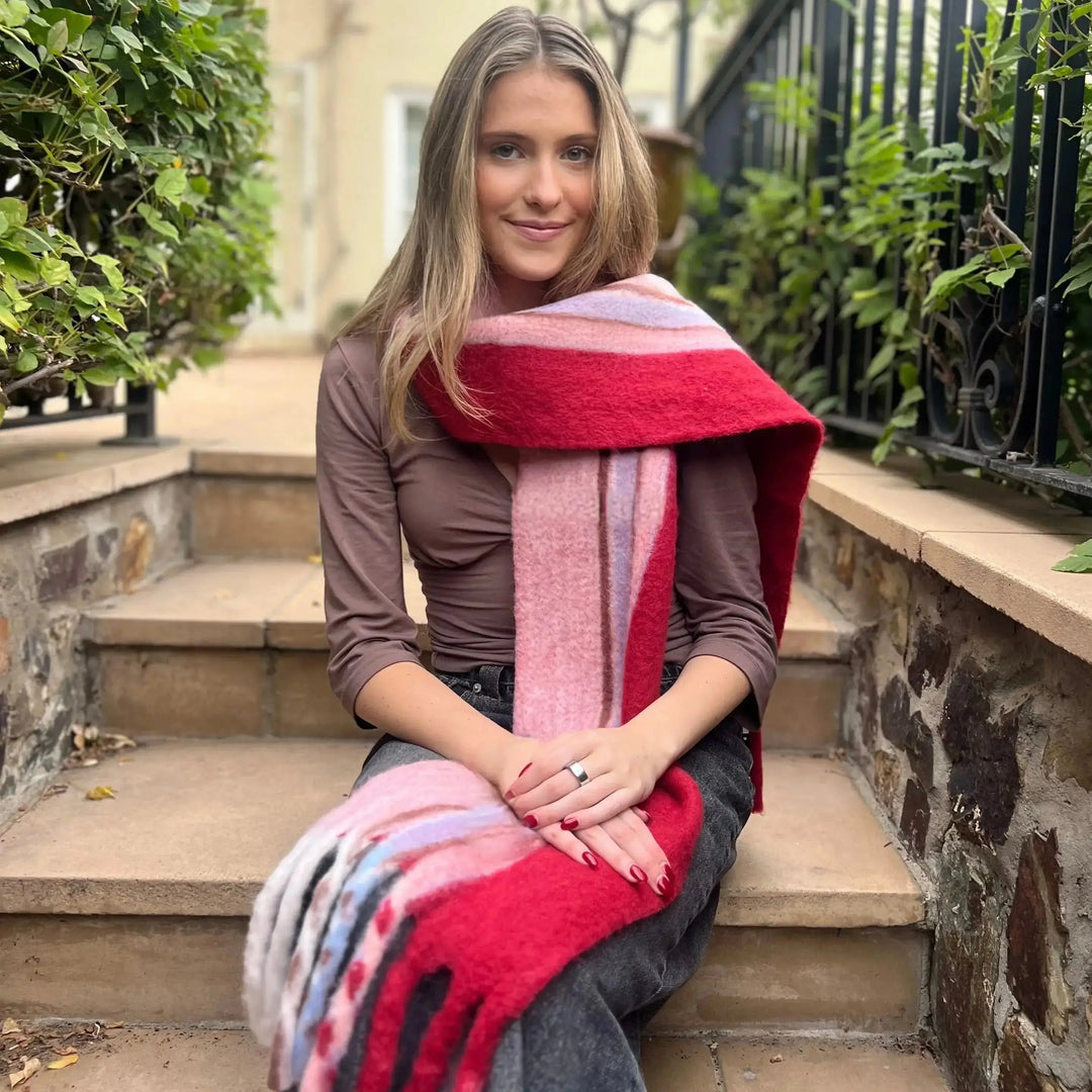 Cuddly Woolblend Scarf - Reds, Pinks,Blues Tania Hird Designs