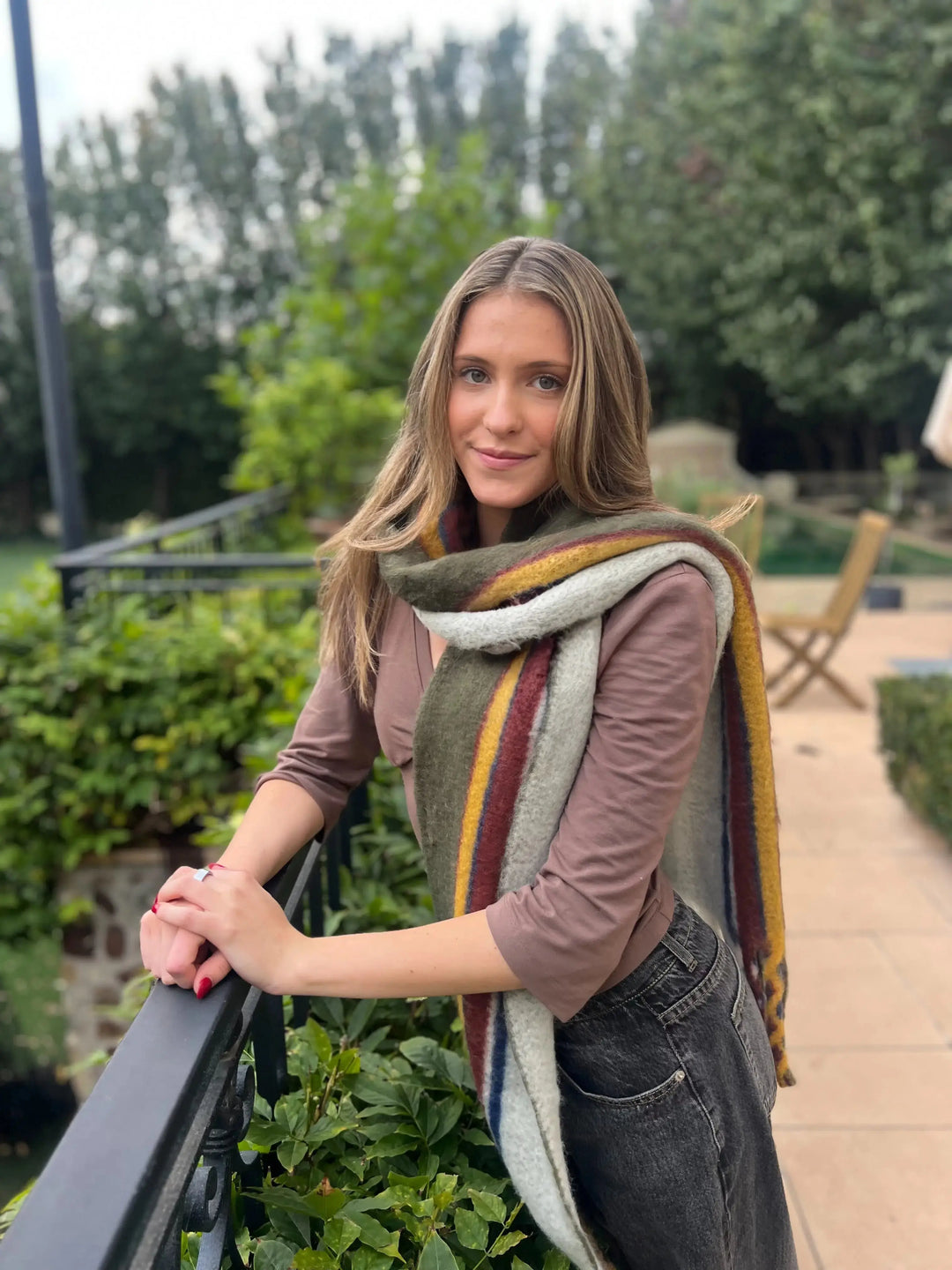 WS Cuddly Woolblend Scarf - Olive, white, yellow Tania Hird Designs