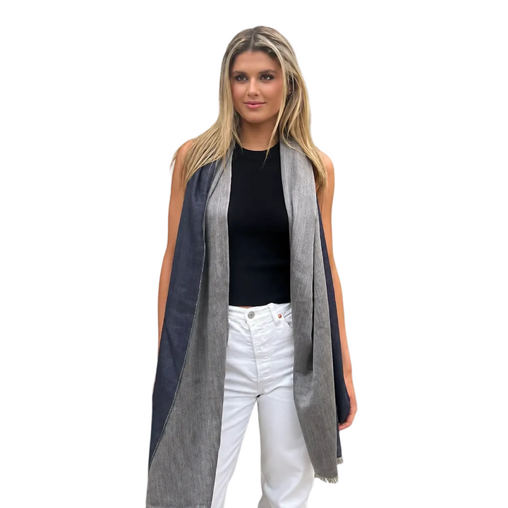 WS Cashmere/Mulberry Silk Scarf - Navy and Light Grey - Hero