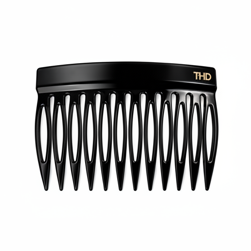 A wide-tooth black hair comb with gold THD lettering on the top right, shown against a plain white background.