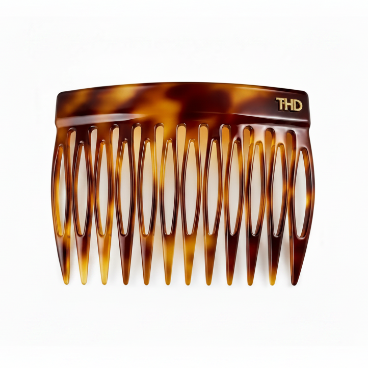 A tortoiseshell hair comb with a glossy amber and brown pattern, featuring a gold THD logo on the top right, set against a plain white background.