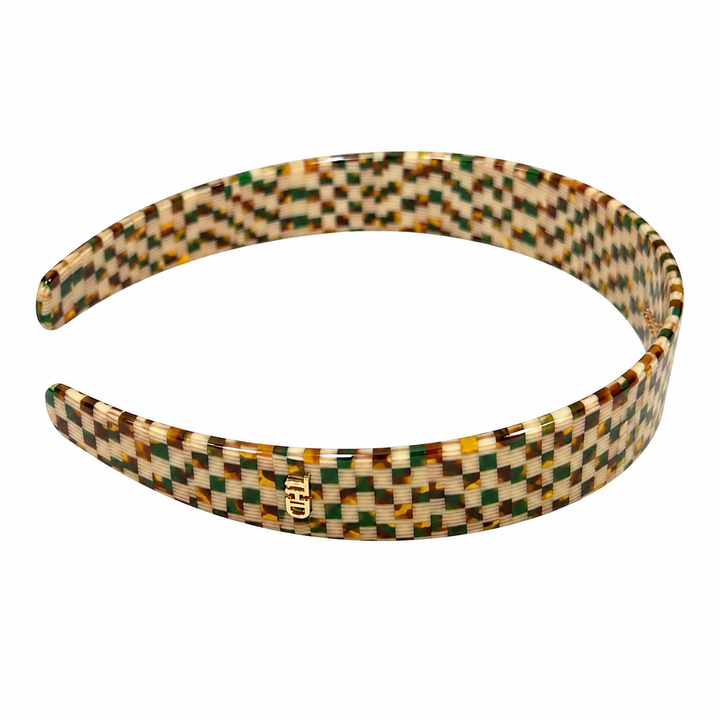 WS Cellulose Acetate Headband 2.5cm Check - Green Gold - Image 1