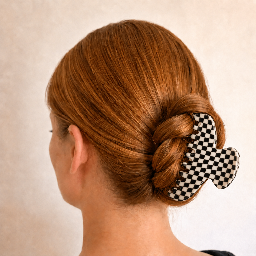 Cellulose Acetate Large Hair Claw Check - Black/White Image 1