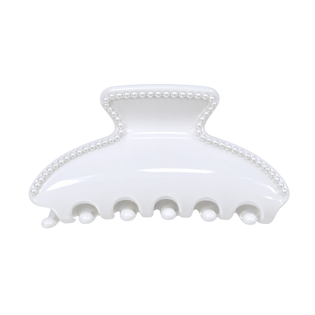 WS Cellulose Acetate Oversized Hair Claw with Continuous Pearls - White - Hero