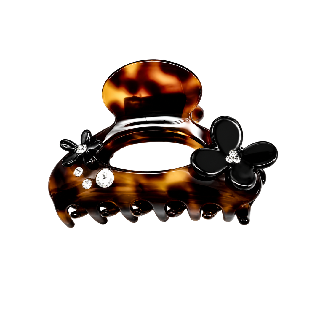 WS Acetate Large Hair Claw Swarovski Crystals and Flower Tortoise - Dark Tortoise - Hero