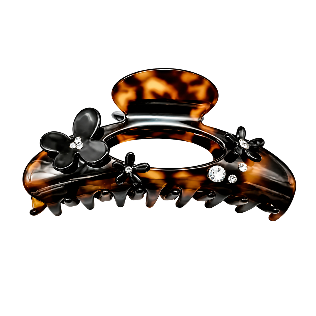 WS Acetate Oversized Hair Claw Swarovski Crystals and Flower Tortoise - Dark Tortoise - Hero