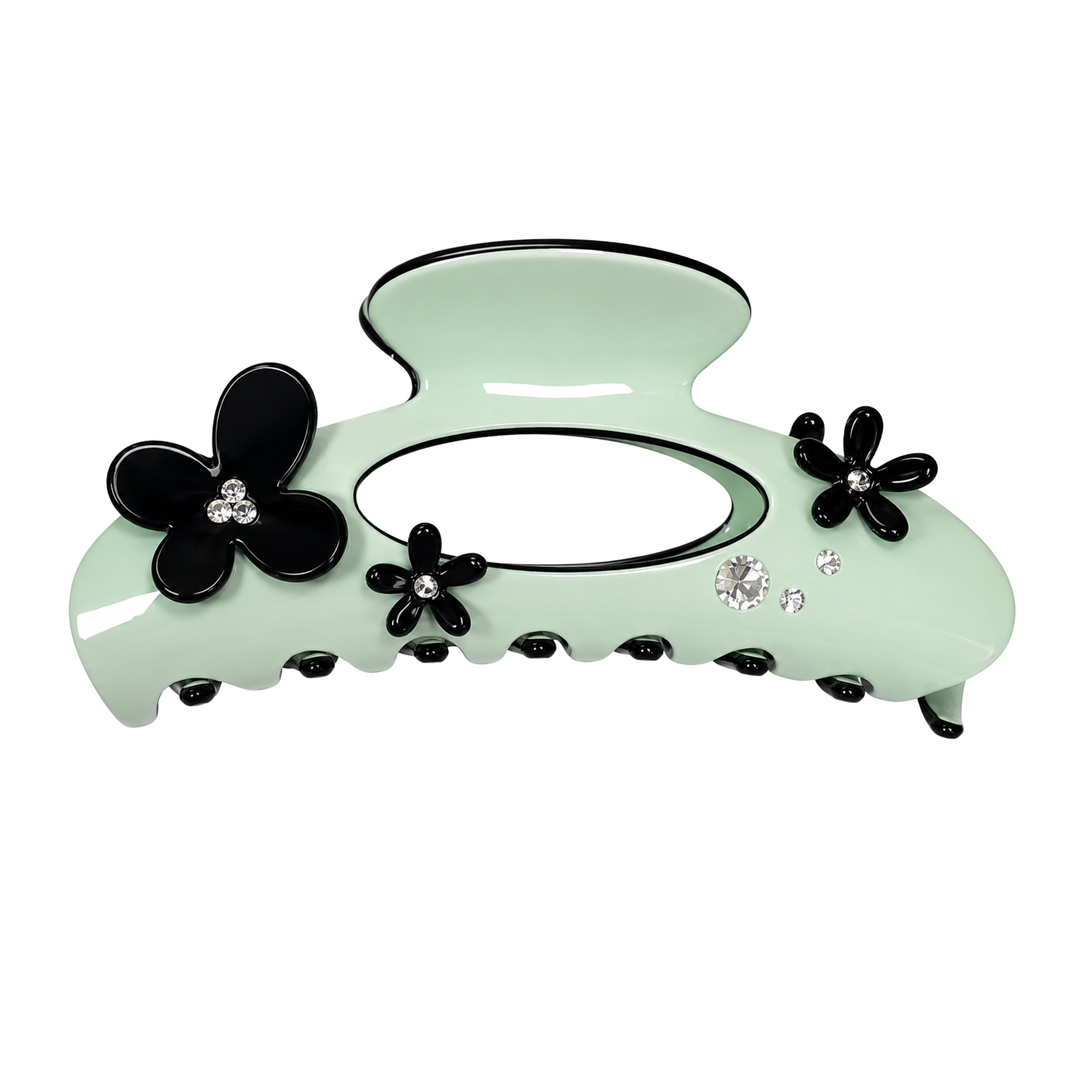 WS Acetate Oversized Hair Claw Swarovski Crystals and Flower Trim - Green Ash - Hero