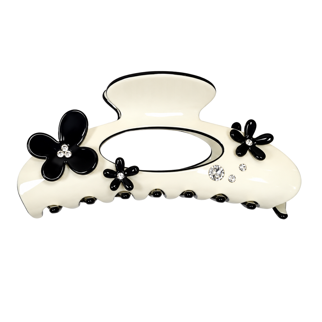 WS Acetate Oversized Hair Claw Swarovski Crystals and Flower Trim - Ivory - Hero