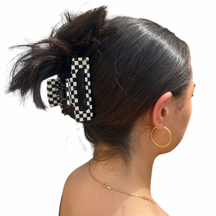 WS Cellulose Acetate Rectangle Hair Claw Large Check - Black & White - Image 1