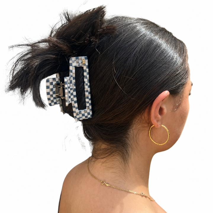 WS Cellulose Acetate Rectangle Hair Claw Large Check - Paros - Image 1