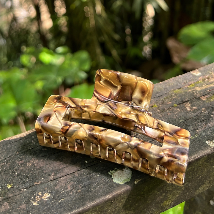 WS Cellulose Acetate Rectangle Hair Claw Large Marble - Gold - Image 1