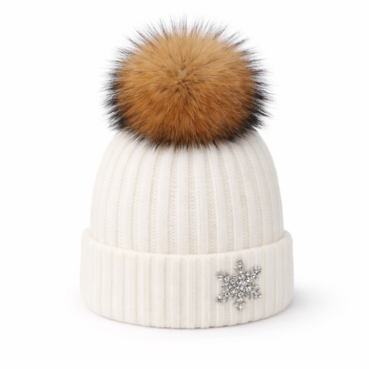 Beanie -70% Angora with PomPom & Snowflake in White