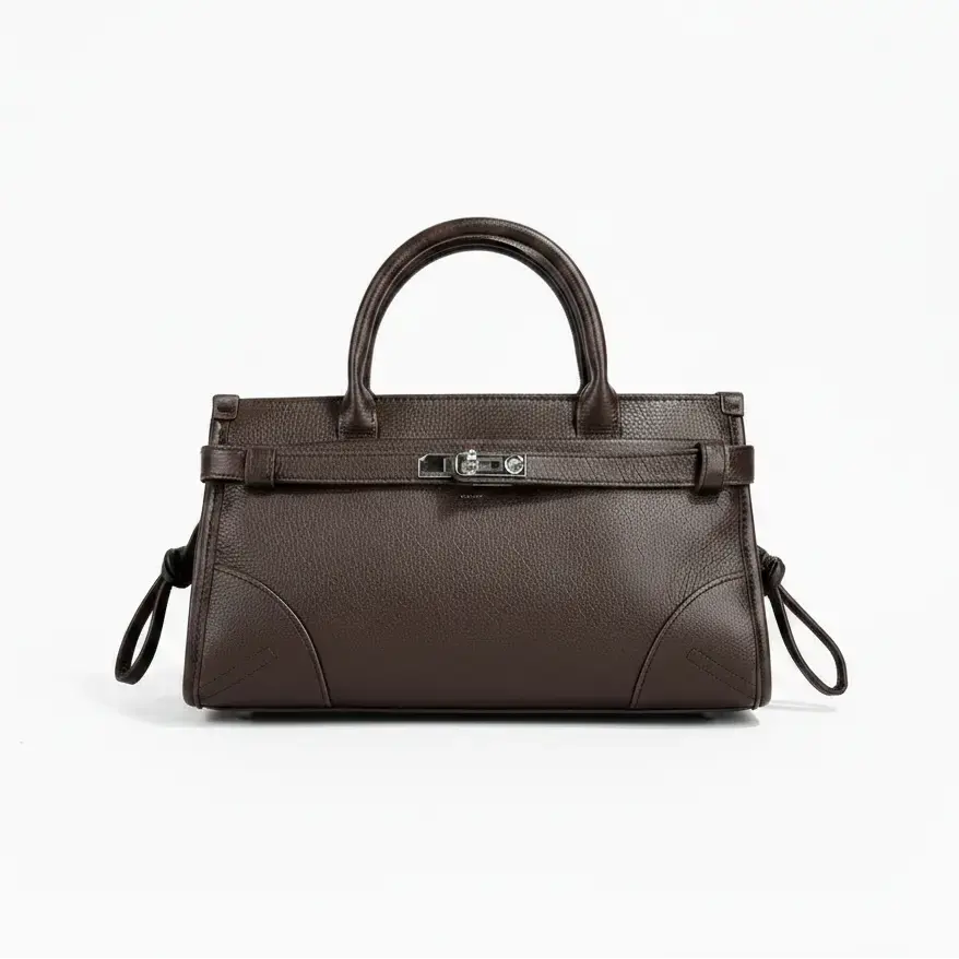 Brown handbag with a silver clasp on a white background