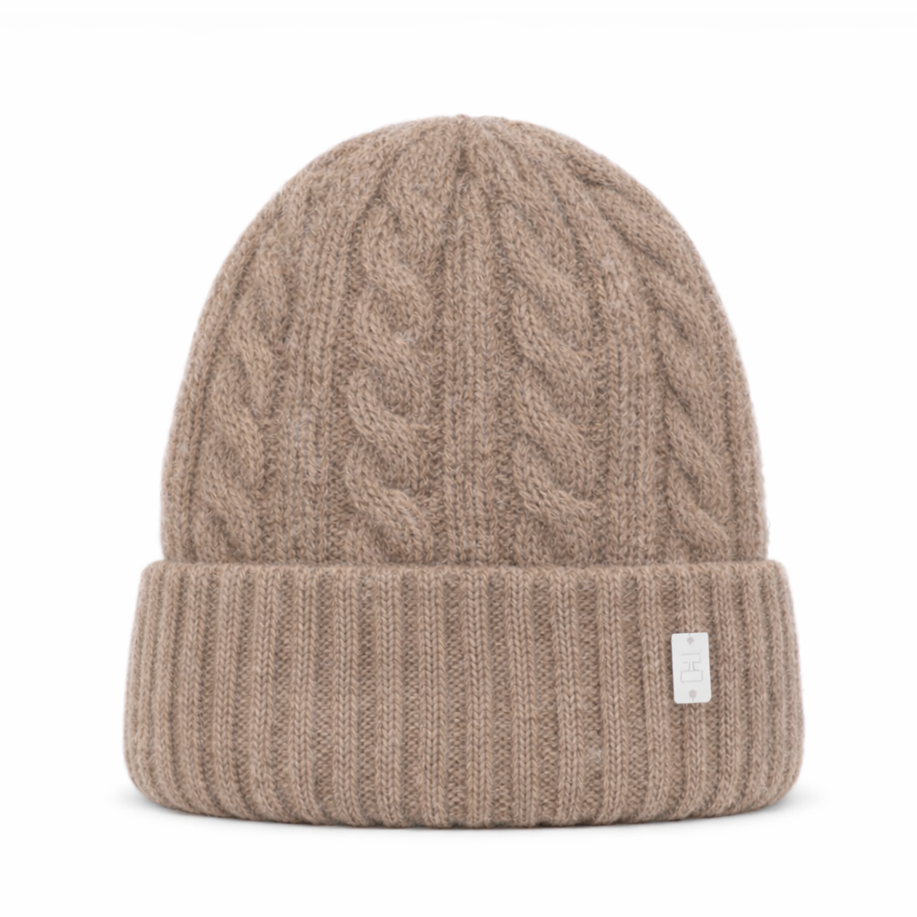Cable Angora Blend beanie in fawn tania hird designs