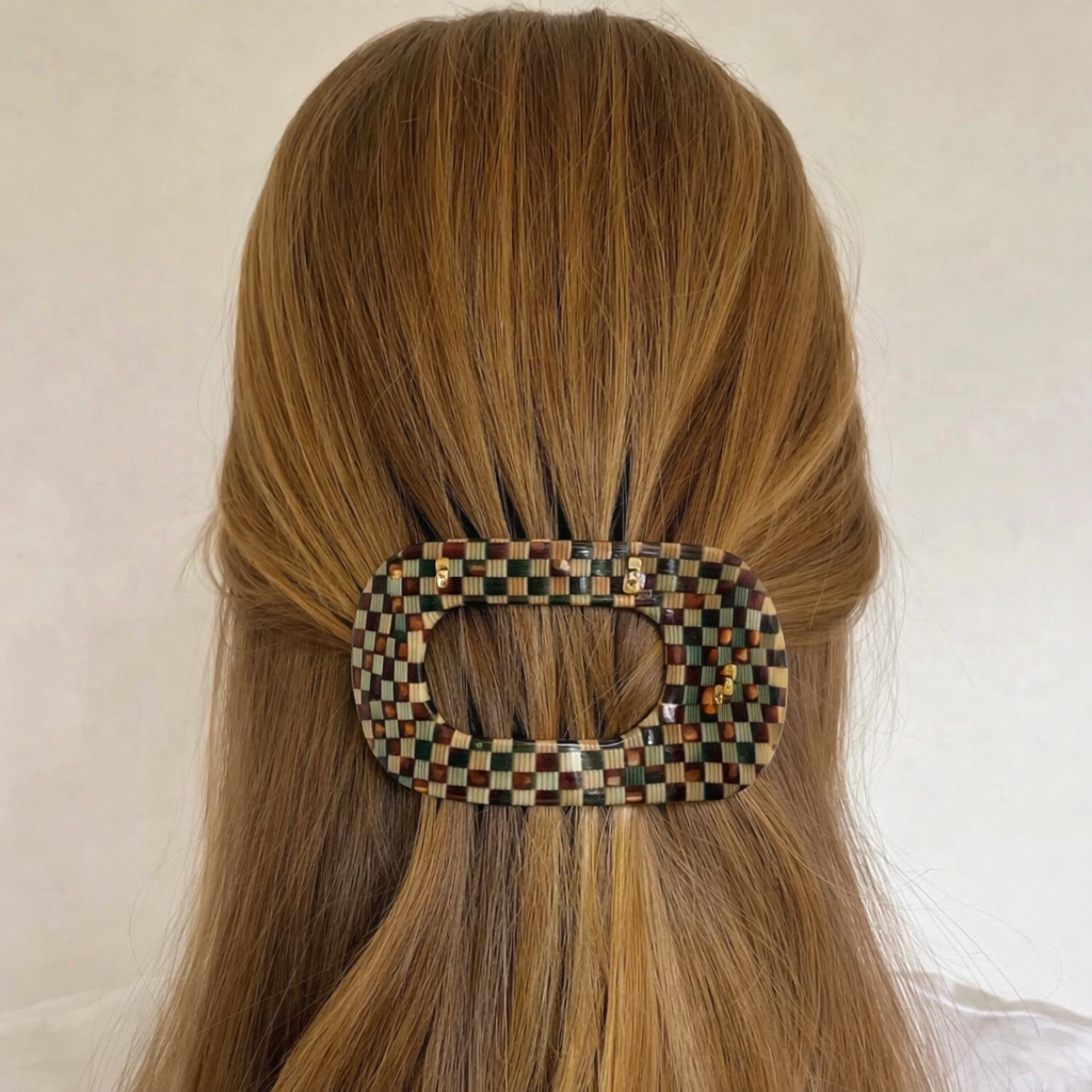 Acetate Flat Hair Claw in Green and Gold Check HairFlairAus by THD