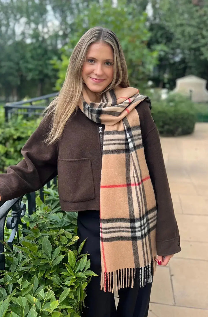 Kensington 100% Wool Check Scarf- Camel Tania Hird Designs