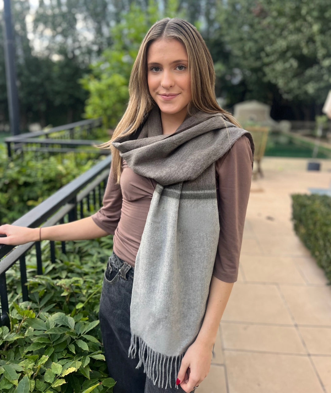 Edge Wool Scarf - Chocolate/Grey - Image 2