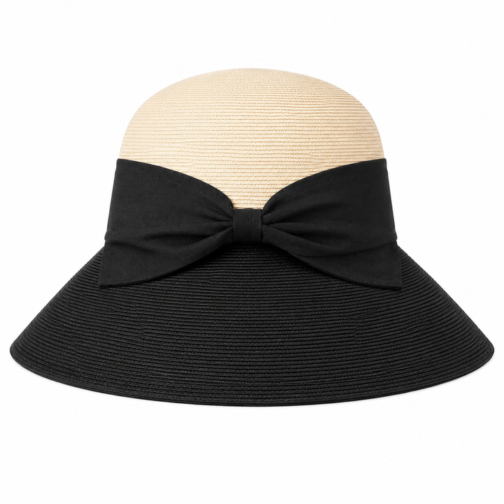 WS - Foldable Extended Brim Straw Hat with Bow - Black & Natural - Hero