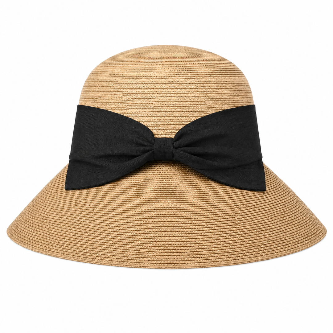 WS - Foldable Extended Brim Straw Hat with Bow - Natural - Hero