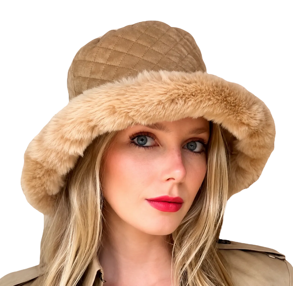 WS Faux Fur Quilted Bucket Hat - Quilted Fawn - Image 1