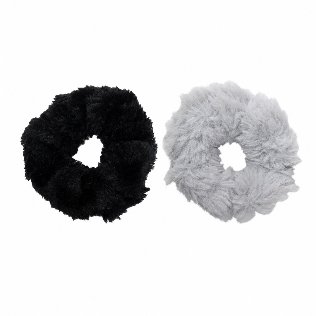 WS Faux Fur Scrunchies - Black/Grey