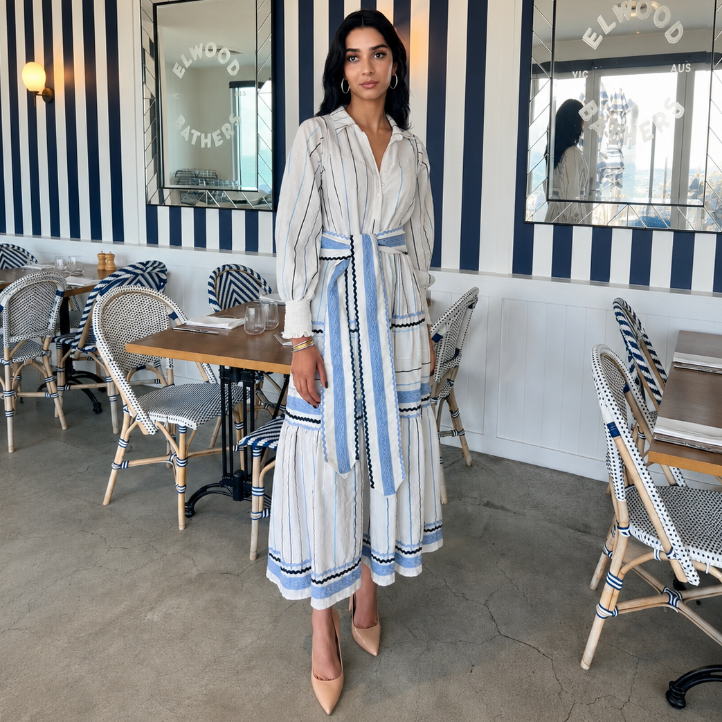 WS - Felicity Linen Embroidered Shirt Dress - White & Multi Blues - Hero