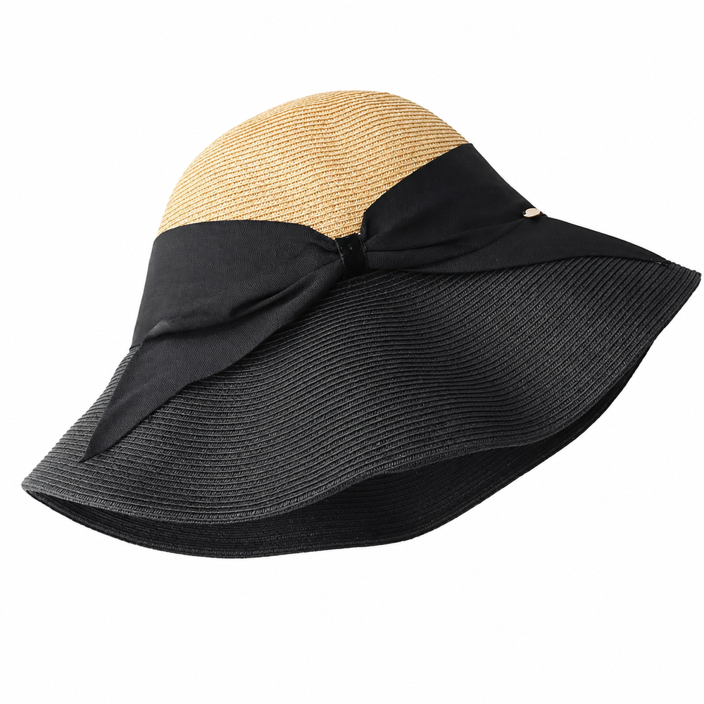 WS - Foldable Extended Brim Straw Hat with Bow - Black & Natural - Image 1