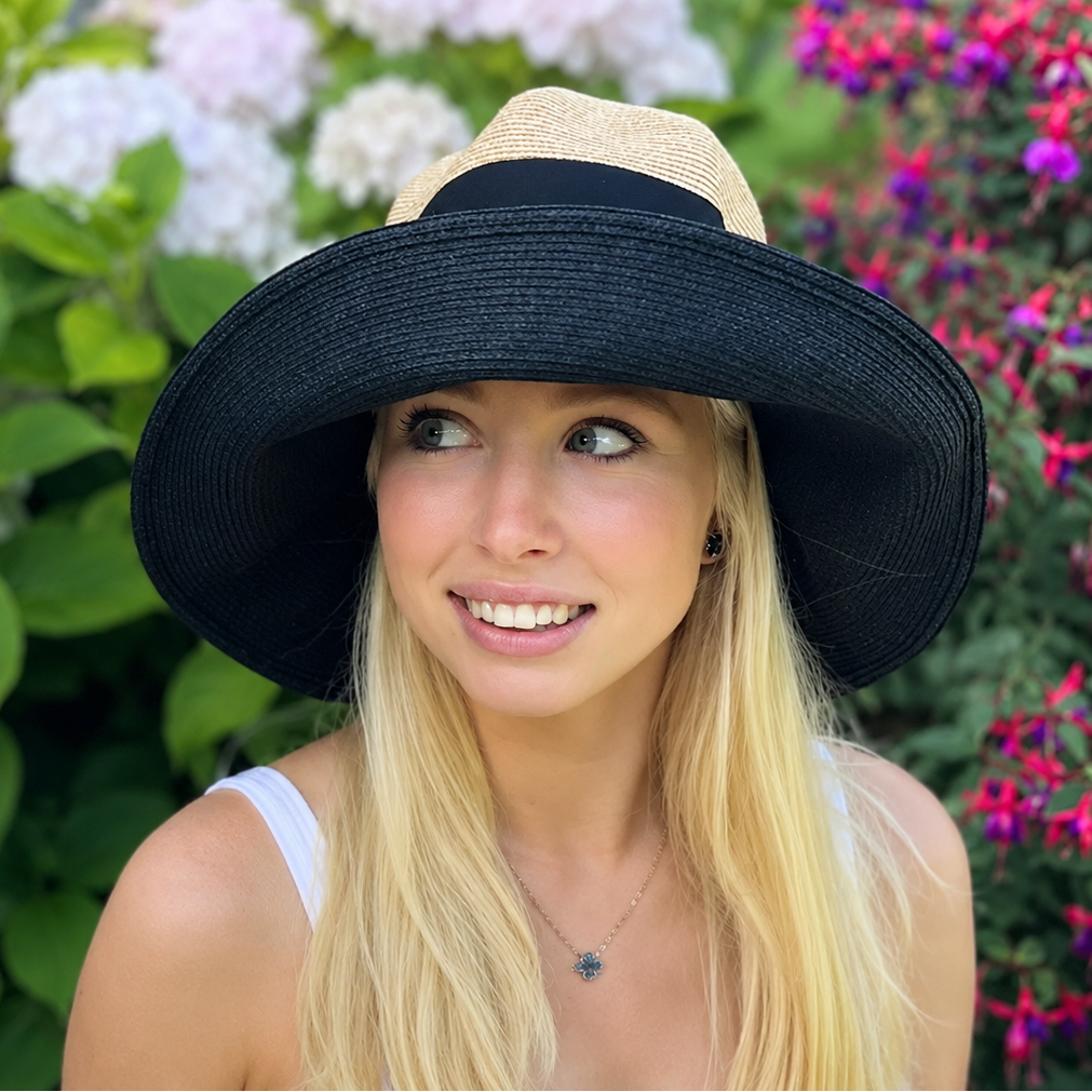 WS - Foldable Extended Brim Straw Hat with Bow - Black & Natural - Image 2