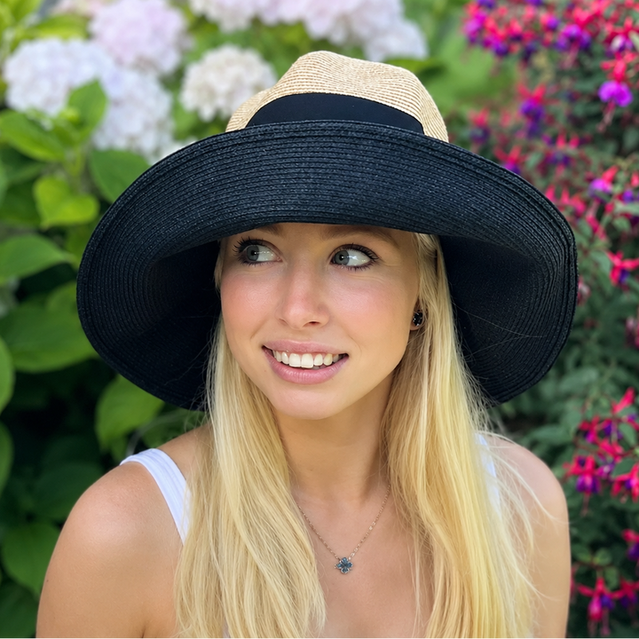 WS - Foldable Extended Brim Straw Hat with Bow - Black & Natural - Image 2