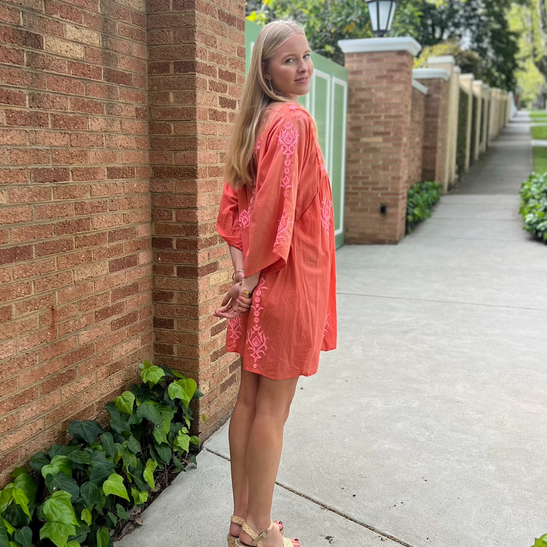 Gaia Embroidered Dress - Tangerine & Pink - Image 2