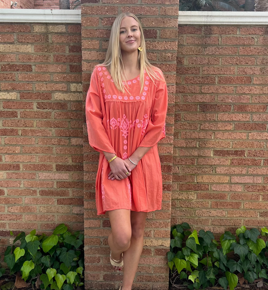 Gaia Embroidered Dress - Tangerine & Pink - Hero