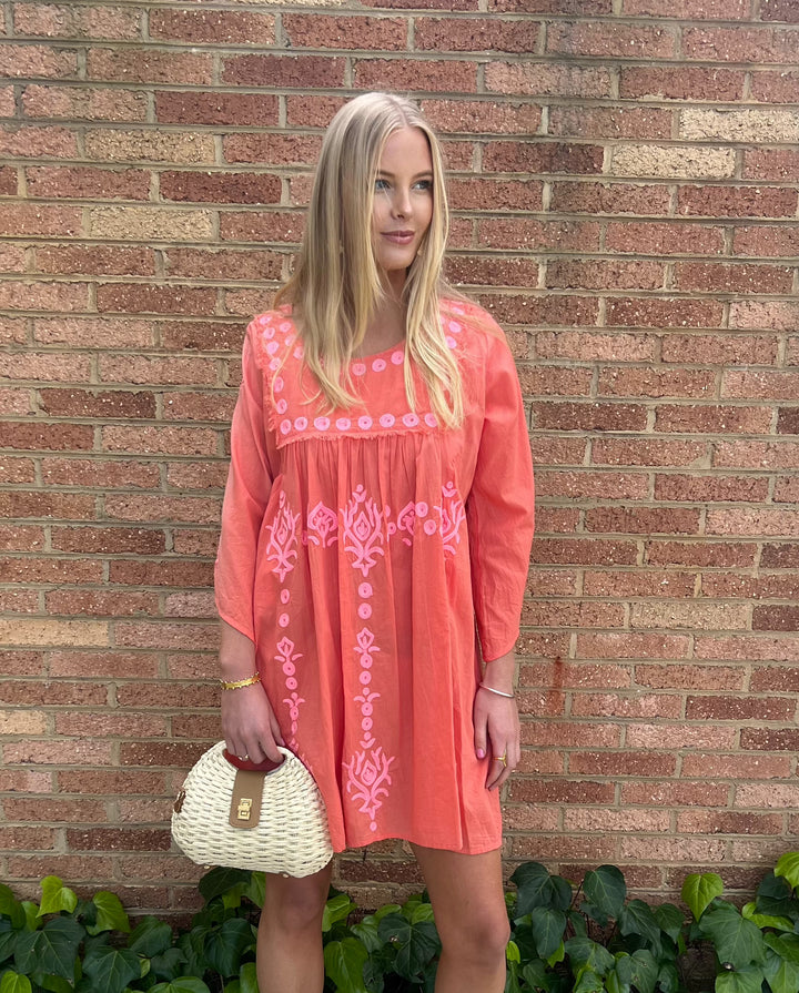 Gaia Embroidered Dress - Tangerine & Pink - Image 1