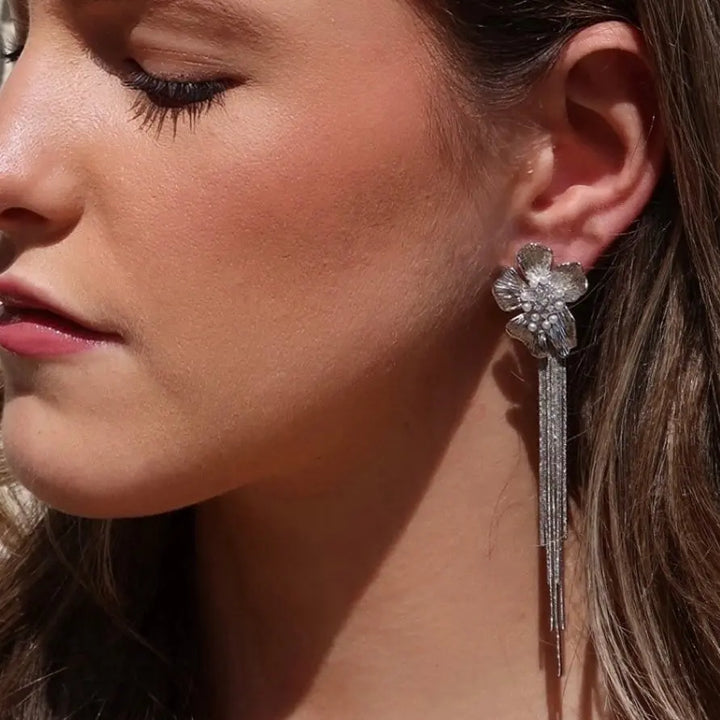Gardenia Pearl Cascade Drop Earrings Silver worn closeup