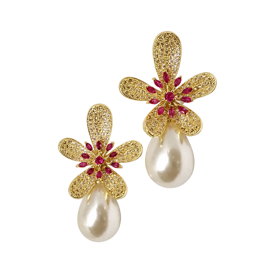 WS Golden Flower Earrings - Gold & Pearl - Hero