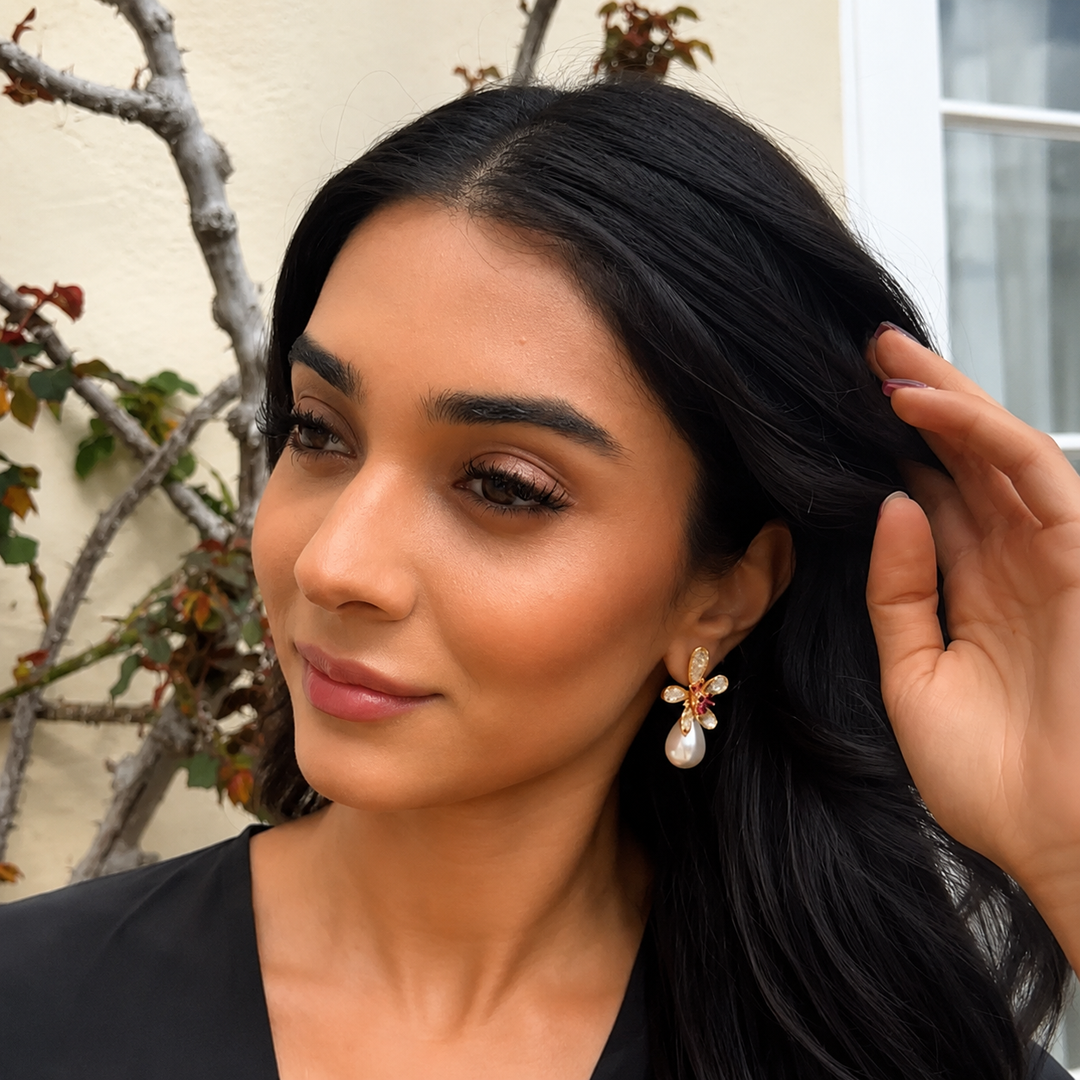 WS Golden Flower Earrings - Gold & Pearl - Image 1