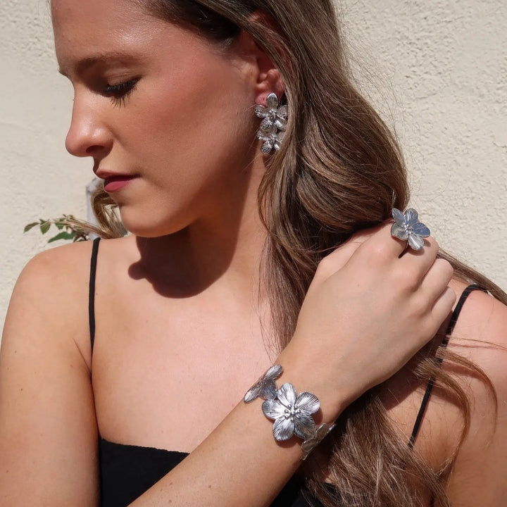 Hibiscus Earrings, Ring & Bracelet Silver worn