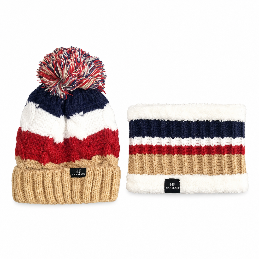 WS Kids Beanie & Scarf Stripe 3-10yr - Taupe - Hero