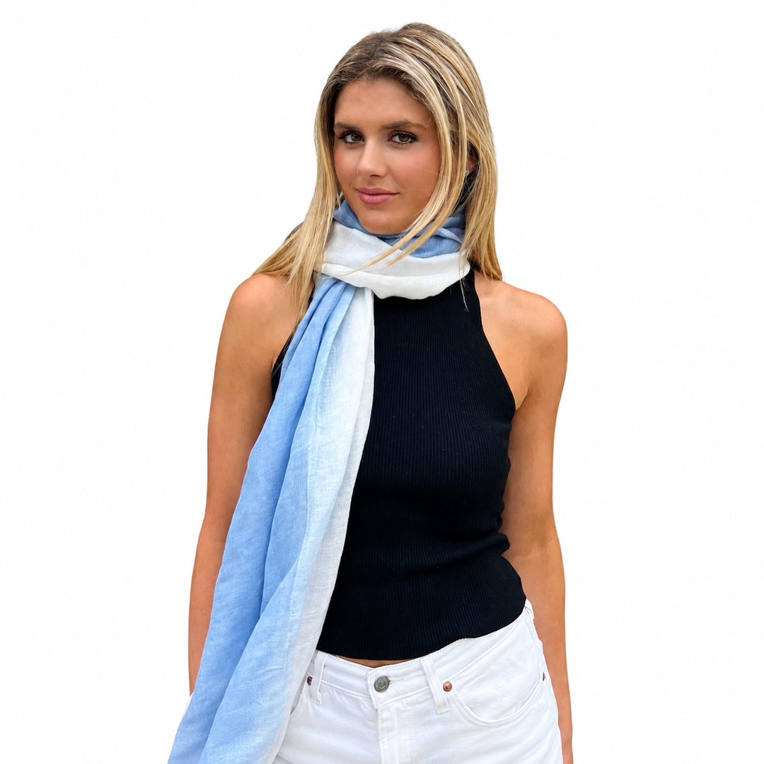 WS Linen Handwoven Ombre Scarf - Cerulean Blue/White - Hero