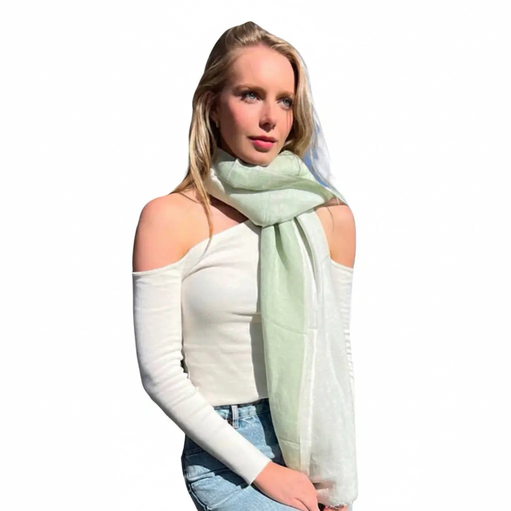 Linen Handwoven Ombre Scarf in GreenAsh/White