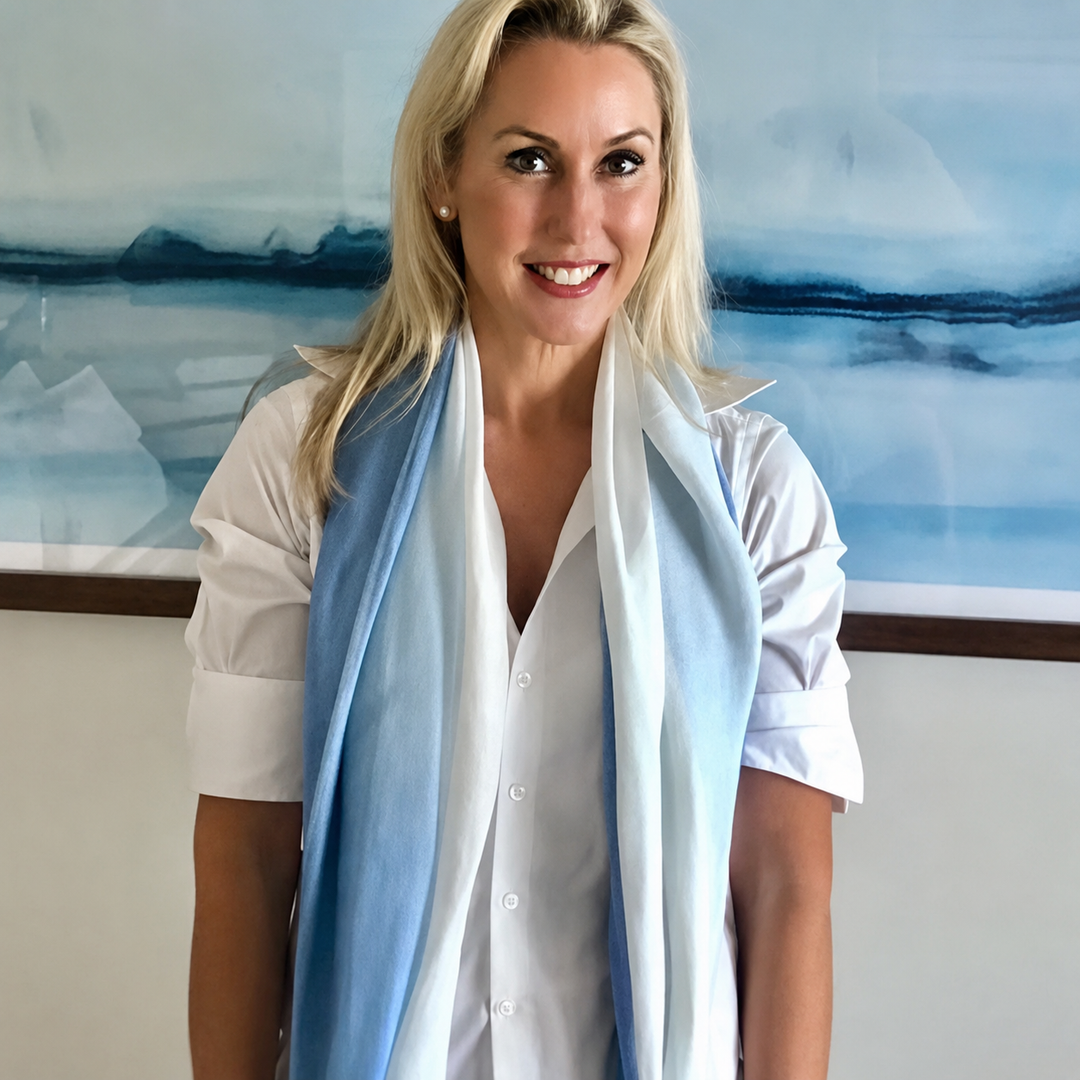 WS Linen Handwoven Ombre Scarf - Cerulean Blue/White - Image 3