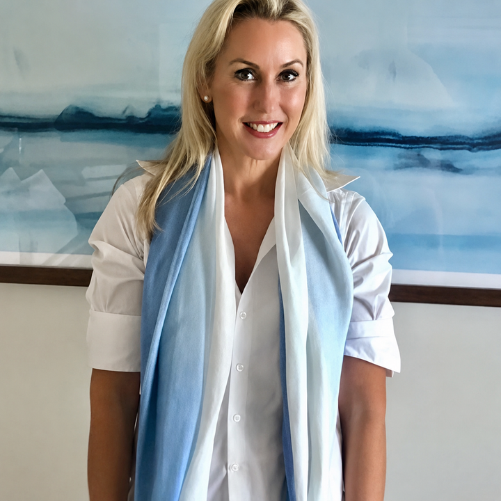 WS Linen Handwoven Ombre Scarf - Cerulean Blue/White - Image 3