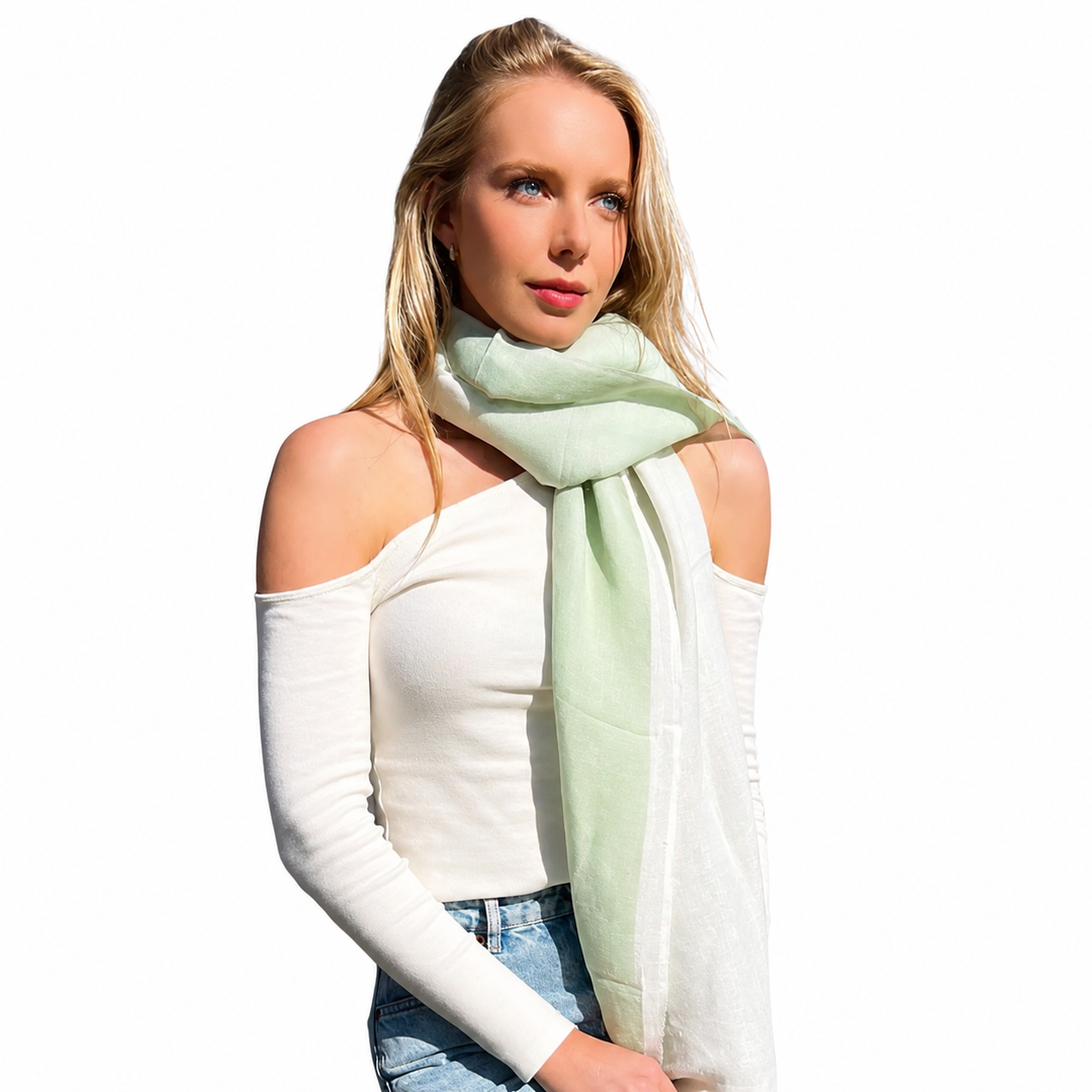 WS Linen Handwoven Ombre Scarf - Green Ash/White - Hero