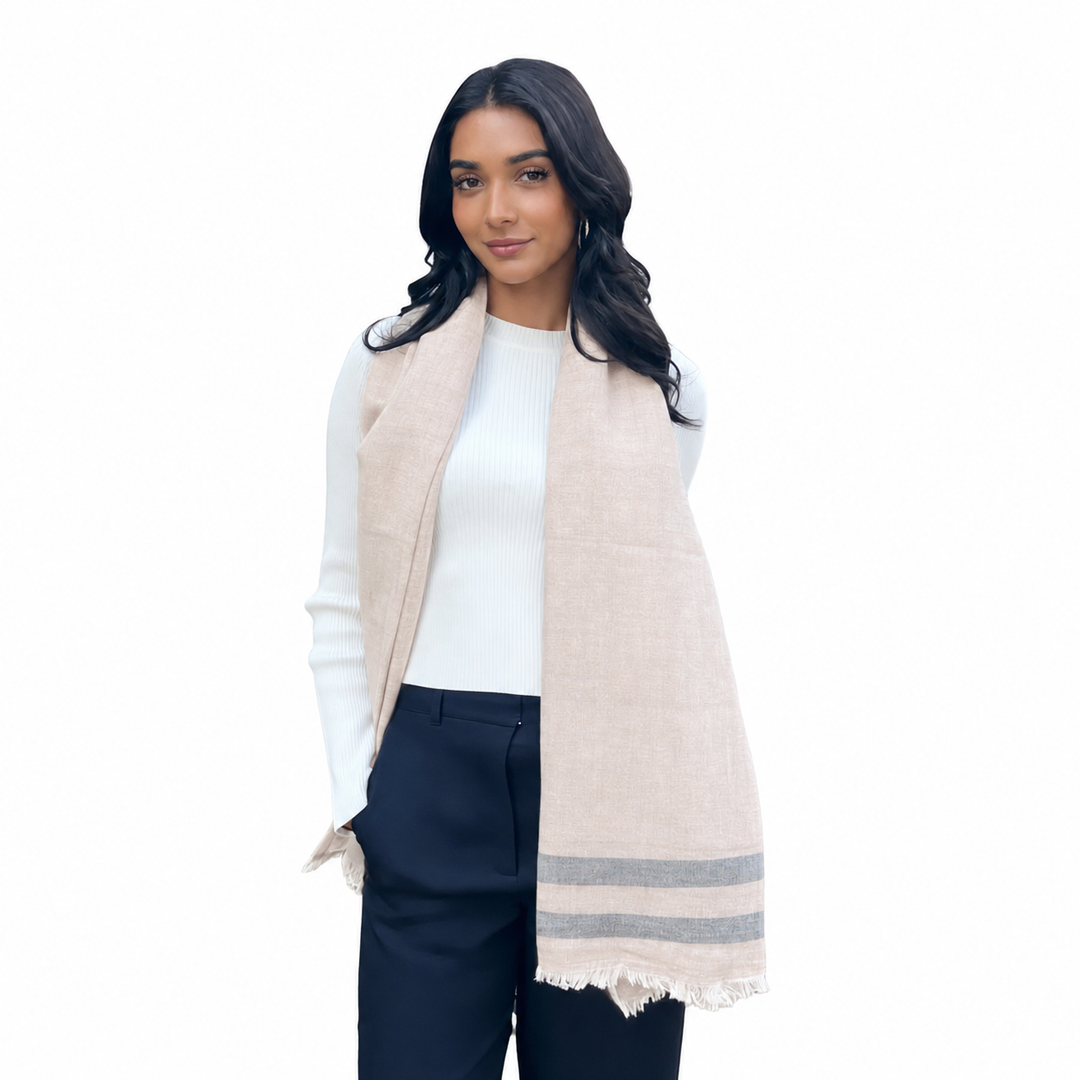 WS Linen Handwoven Scarf - Natural & Grey Stripe - Hero