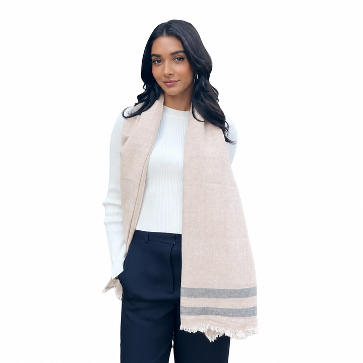 WS Linen Handwoven Scarf - Natural & Grey Stripe - Hero