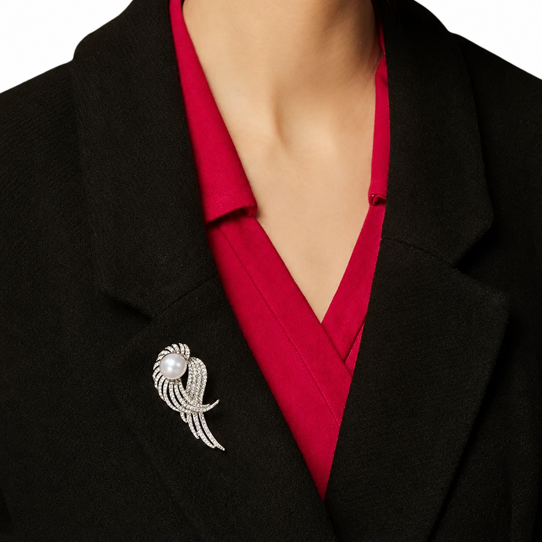 WS Met Crystal & Pearl Brooch - White Pearl - Image 1